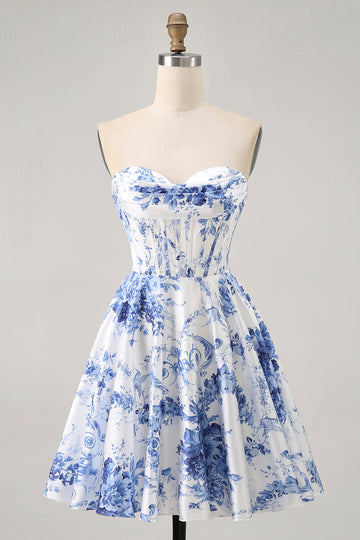 White Blue Flower A Line Strapless Corset Homecoming Dress